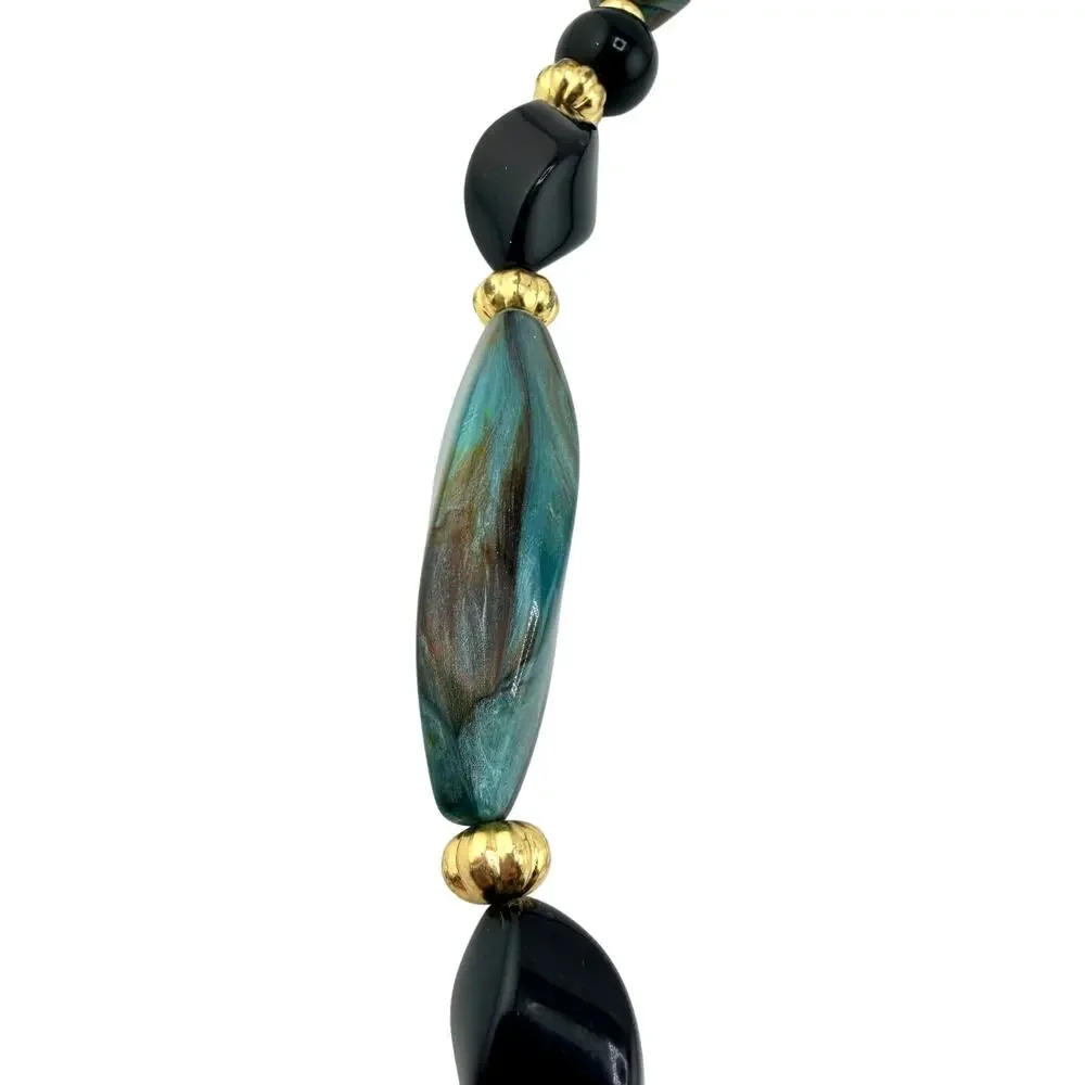 Vintage 1980s 1990s Teal Marbled Acrylic Black Gold Tone Beads 29